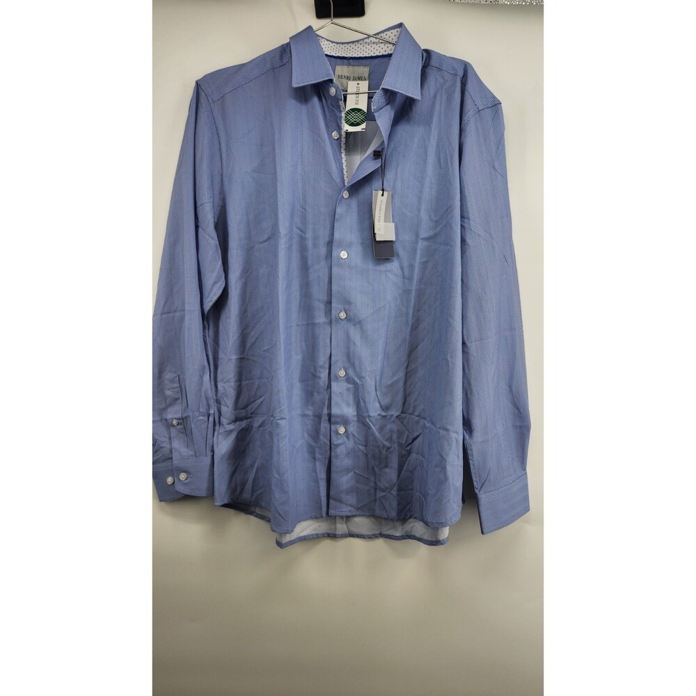 Henri James Men's Blue Large 4 Way Herringbone‎ Print Woven Dress Shirt NWT